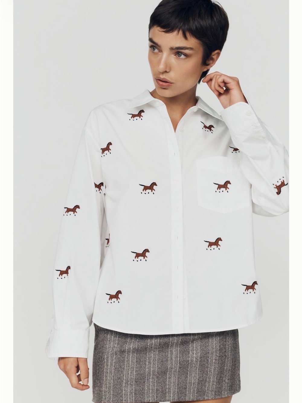 Maeve White Button-Down Shirt with Brown Horse Embroidery